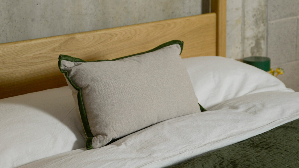 olive green velvet trimmed small cushion1