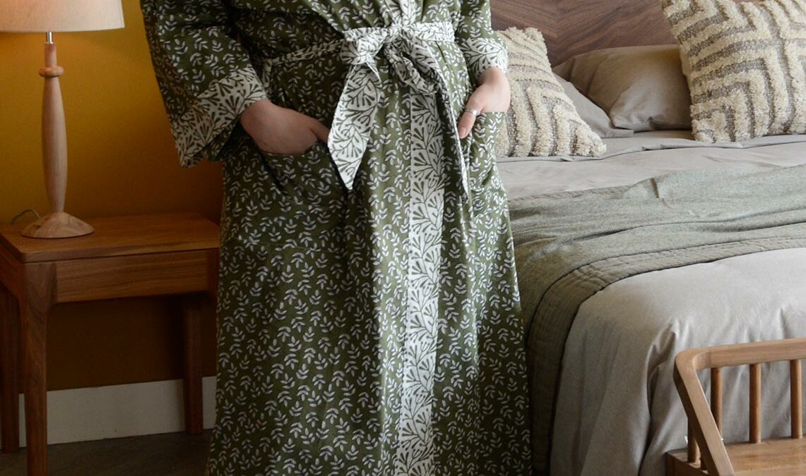 lightweight cotton kimono with a block print leaf design in olive green and white and with contrast belt and cuffs