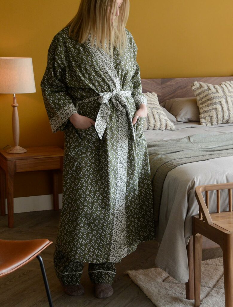 lightweight cotton kimono with a block print leaf design in olive green and white and with contrast belt and cuffs