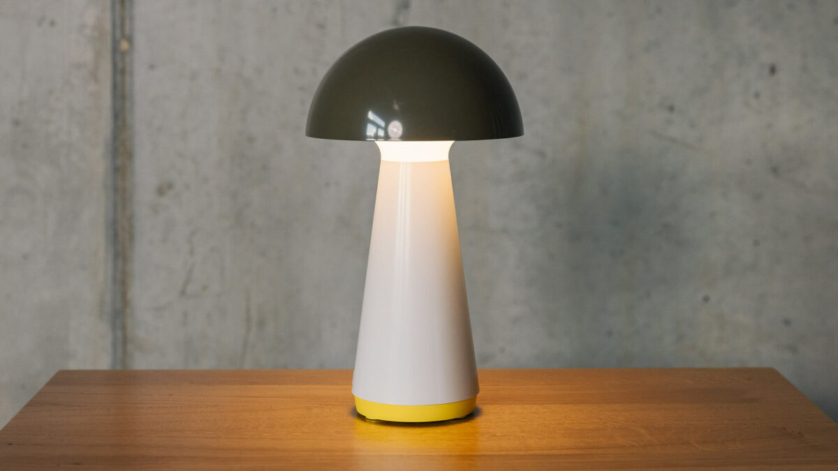 mushroom shape rechargeable lamp with an olive green shade and ivory base