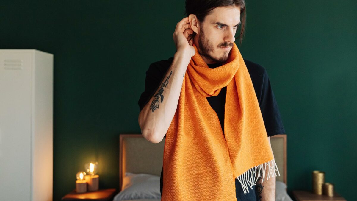 his or hers herringbone weave Merino wool scarf in orange