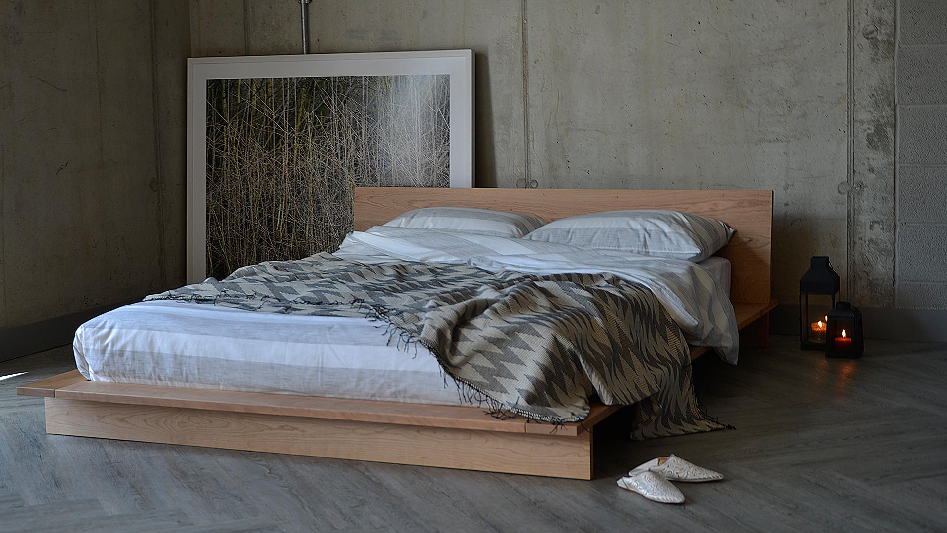 striped cotton bedding on our low hand-made solid wood Platform Oregon bed shown in Cherry