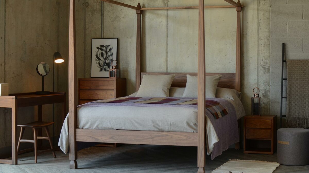 A contemporary Indian look bed, the Raj 4 Poster made in Britain from solid wood.