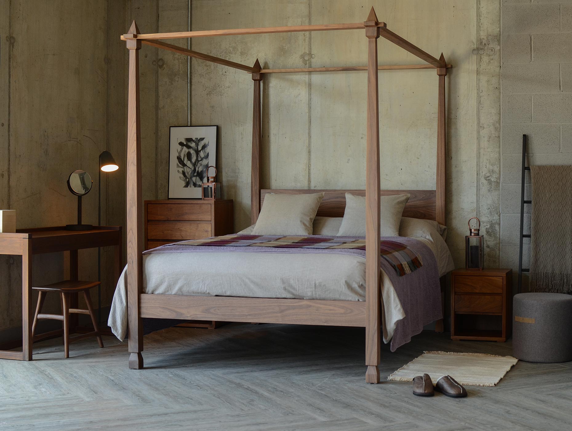 A contemporary Indian look bed, the Raj 4 Poster made in Britain from solid wood.