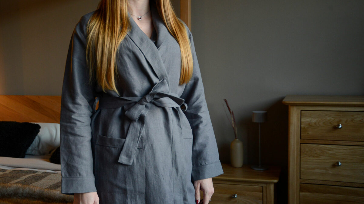 organic linen dressing gown in charcoal grey