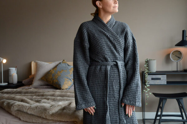 unisex waffle weave cotton robe in charcoal grey