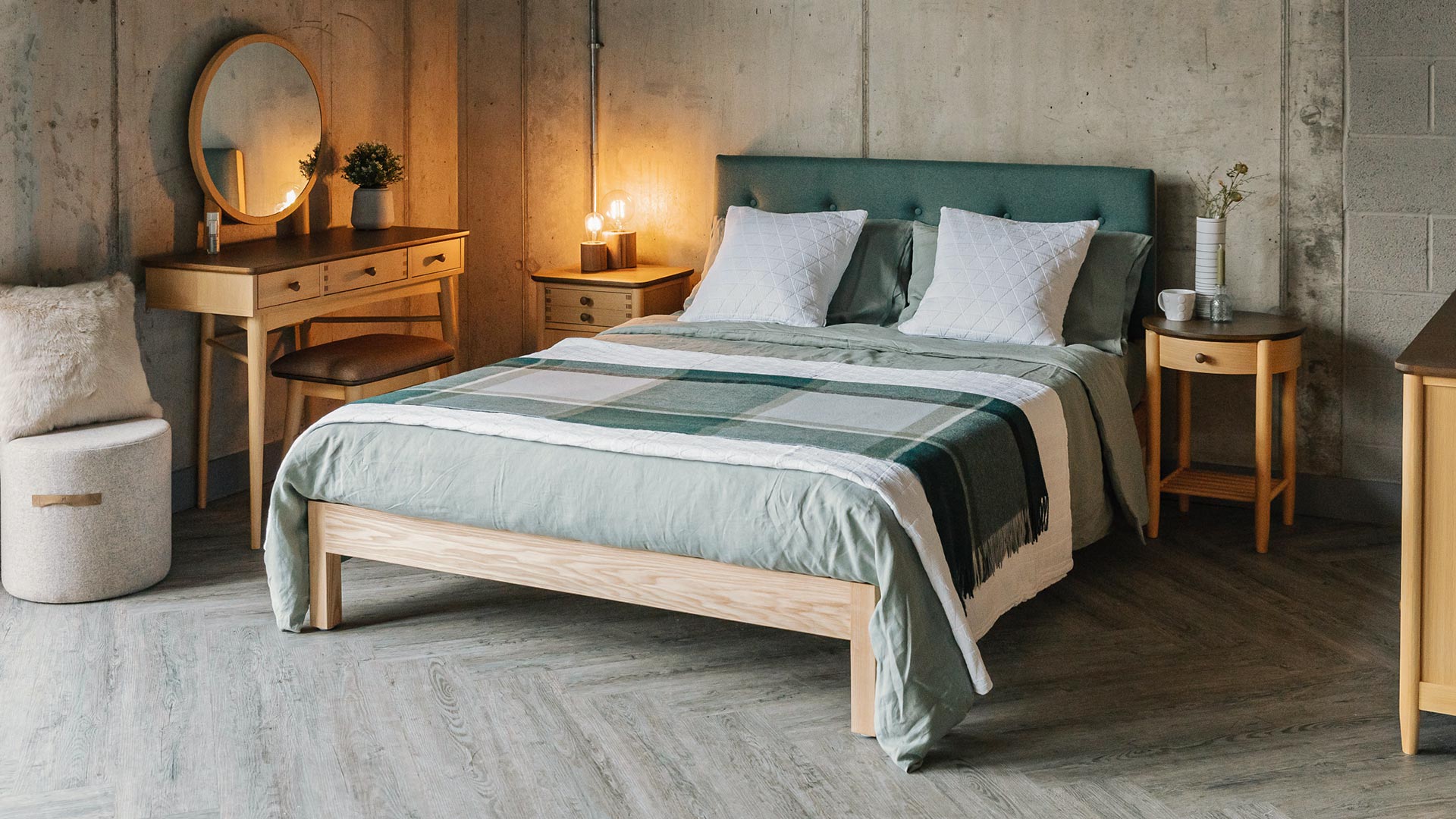 contemporary cottage bedroom style - mint coloured organic linen bedding and crafted wooden furniture