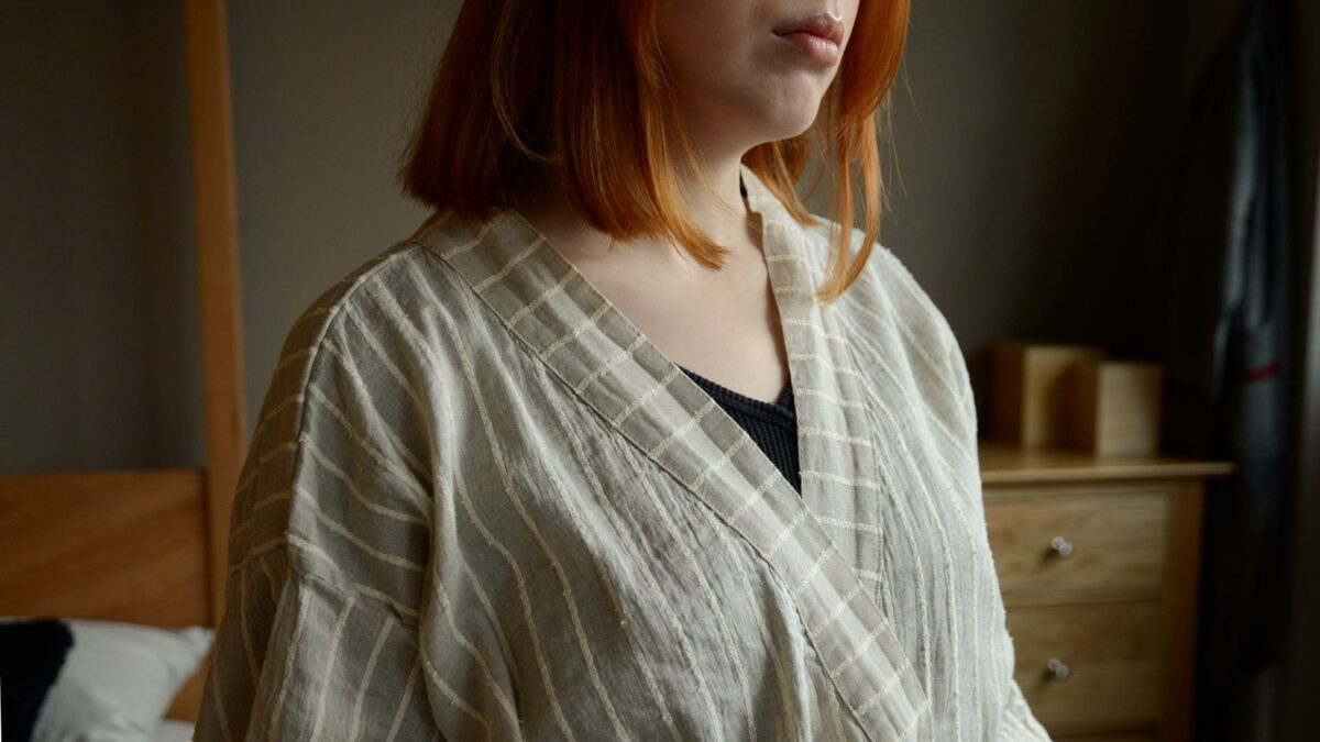 organic linen kimono dressing gown in beige with ivory stripes