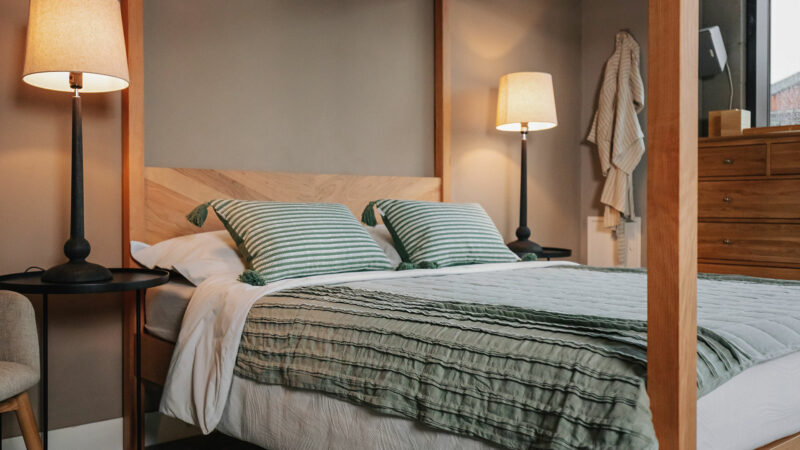 organic linen throw in green with classic lamps
