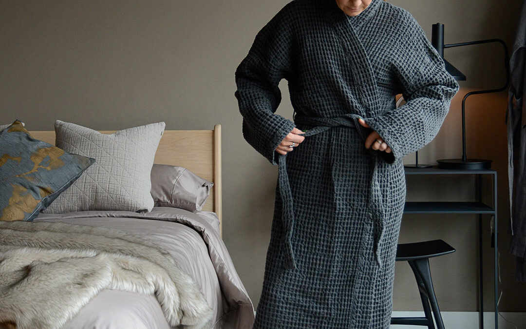 organic waffle robe deep grey tie detail portrait