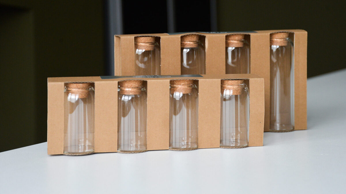 packs of slim glass storage jars for spices herbs etc