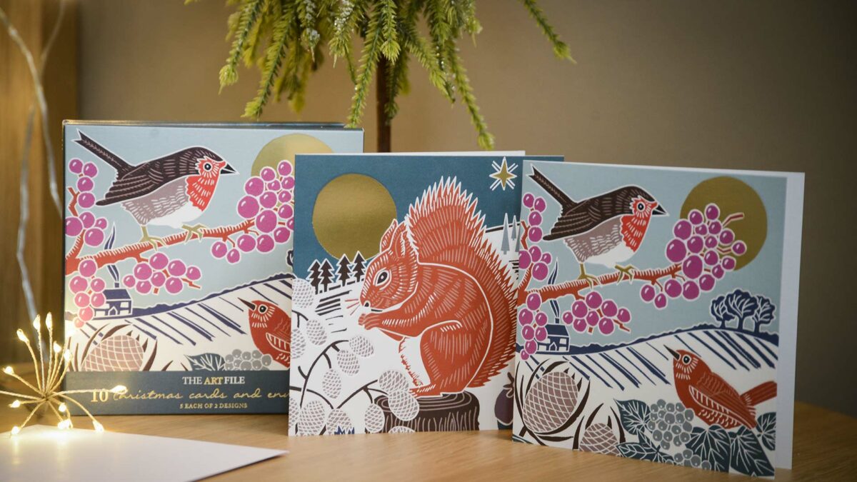 packs of xmas cards woodcut design robin and sqirrel