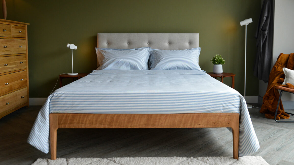pale blue stripe cotton bedding on cherry bloomsbury
