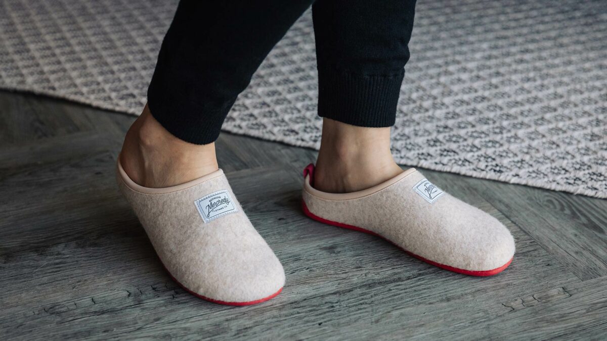 Felt look slippers made from recycled plastic and with natural rubber soles in palest blush pink