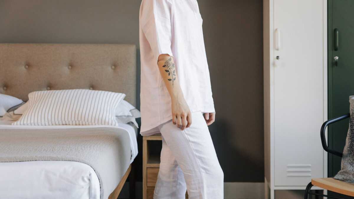 pale pink linen pyjamas side view