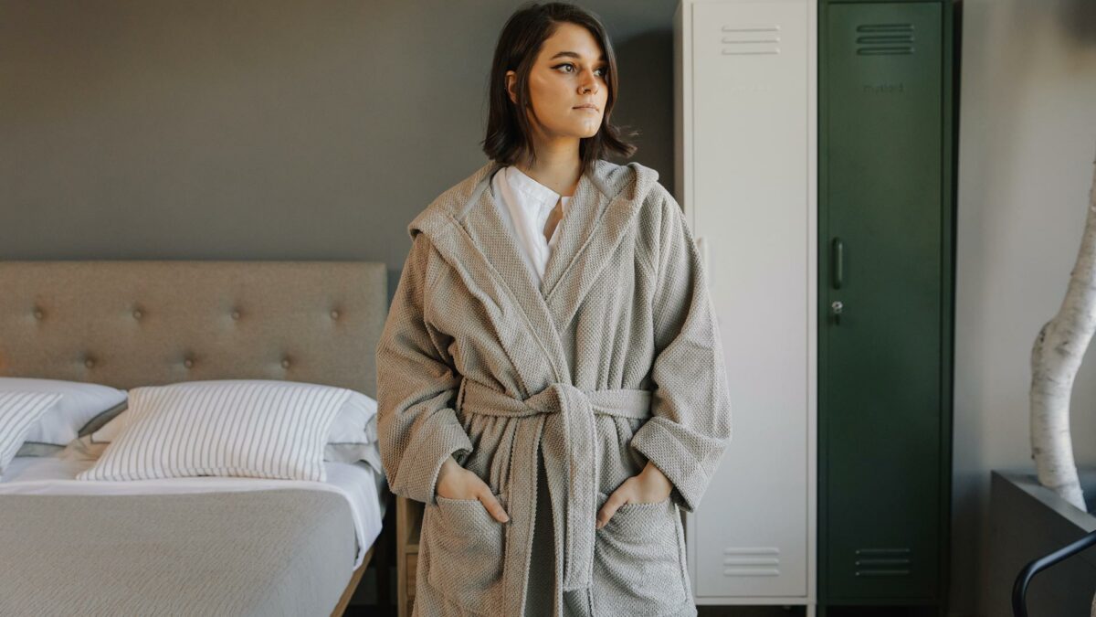 pale putty colour hooded robe