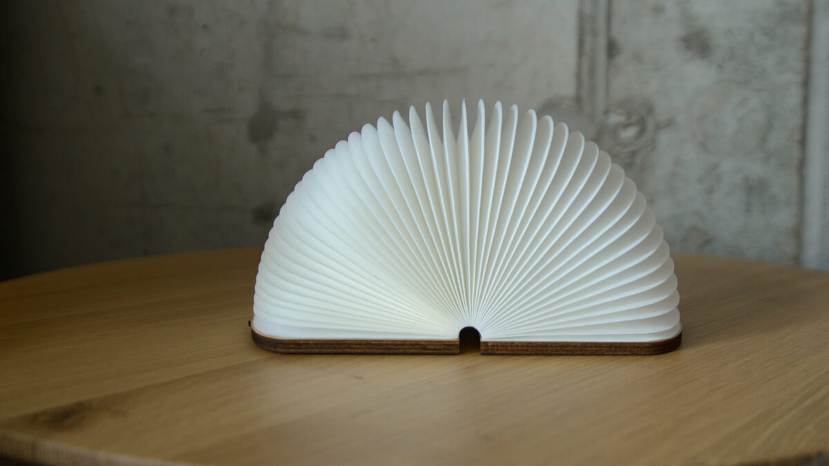partially open paper and wood vase lamp
