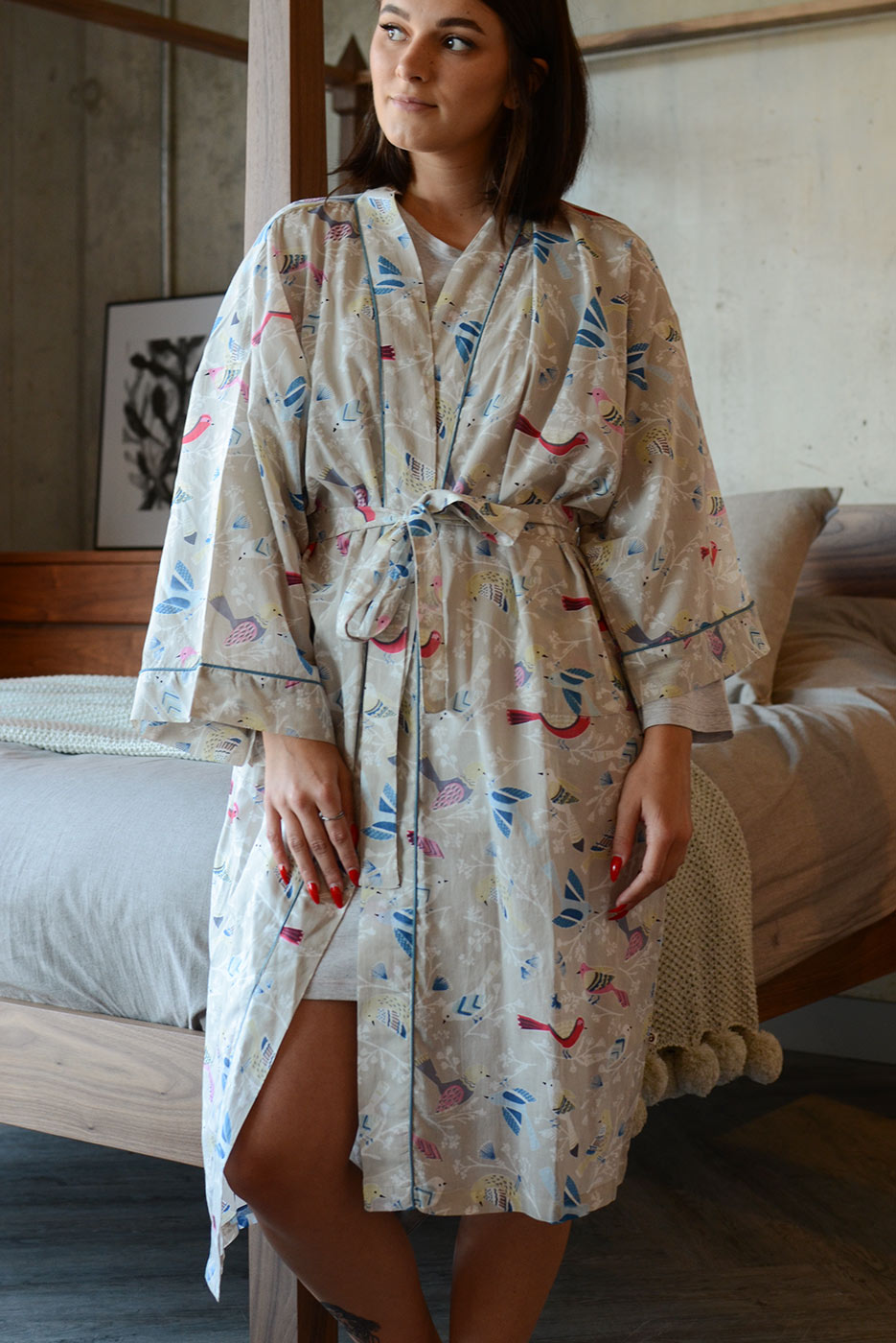 Pastel Bird Pattern Kimono | Cotton Robes | Natural Bed Company