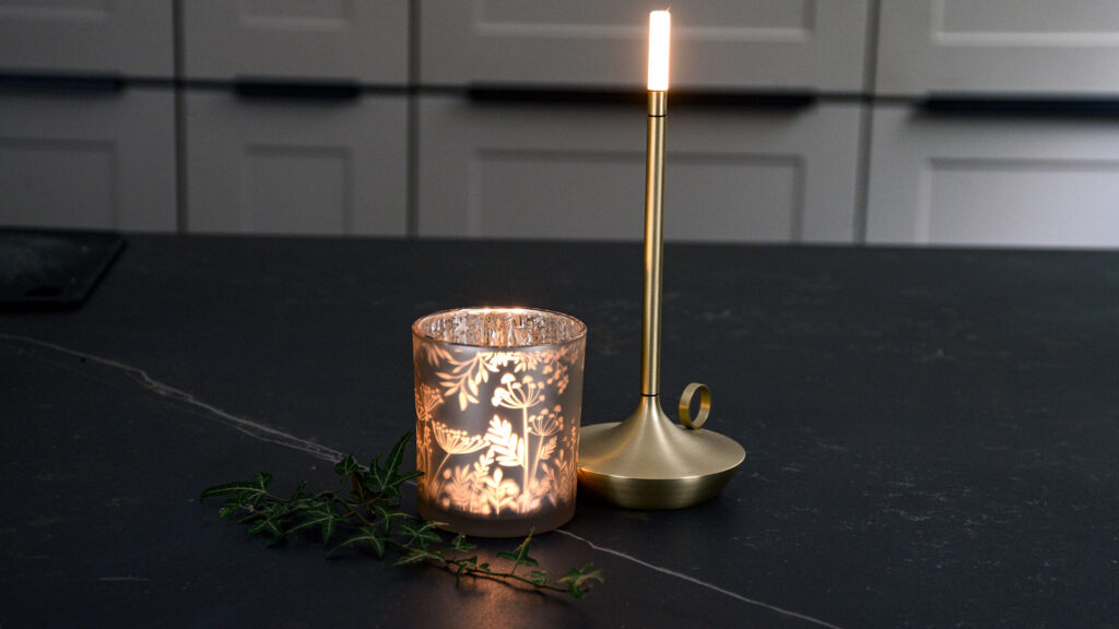 patterned glass t light holder and brished brass wick lamp