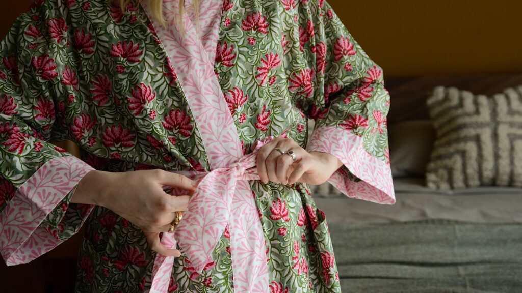 patterned robe in green and pink