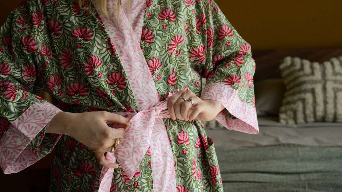 lightweight cotton robe with a vibrant pink and green block print design