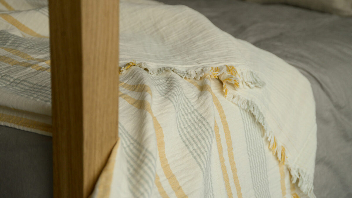picnic stripe pattern throw in sage and turmeric