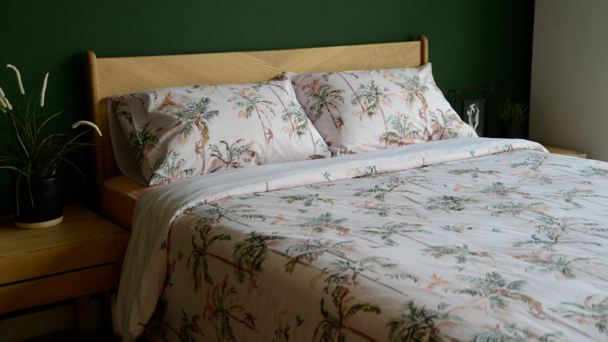 blush pink duvet set with palm tree print