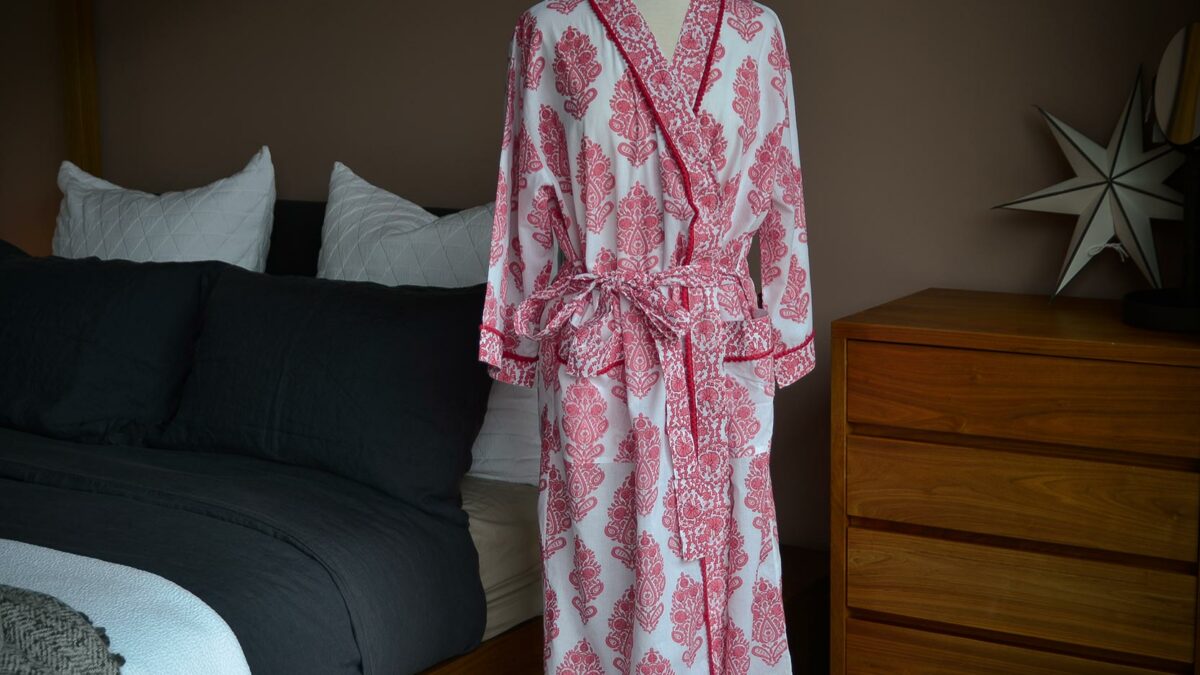 block print pattern light cotton dressing gown in pink and white