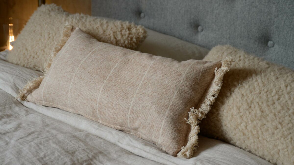 soft touch fringed rectangular cushion in rust red and cream