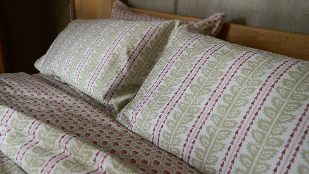 pink green printed bedding