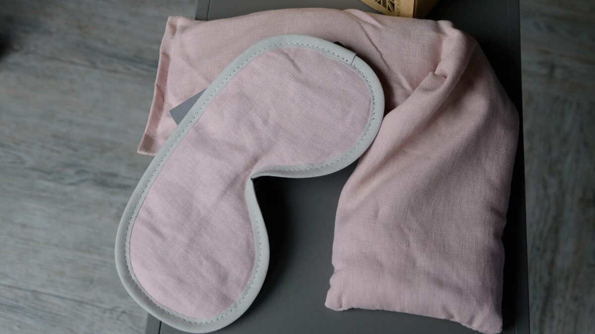 pink linen neck wrap and eye mask lavender scented