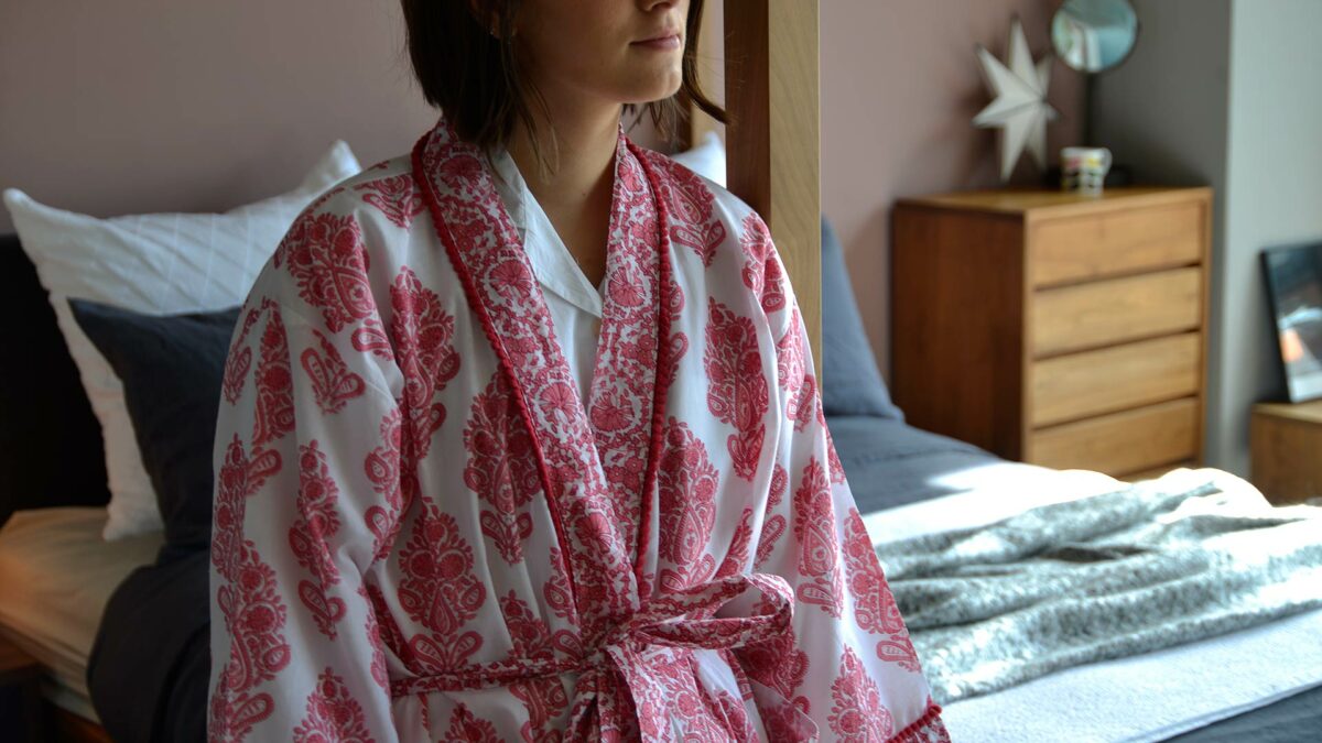 block print pattern light cotton dressing gown in pink and white