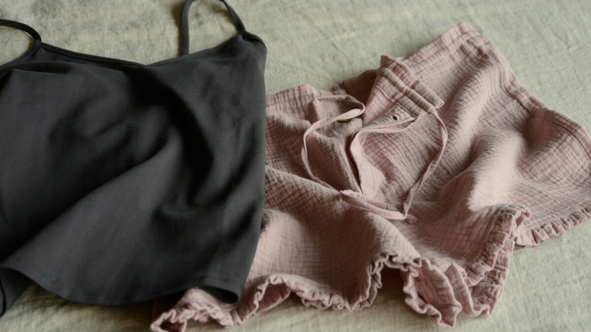 pink shorts and grey cami top