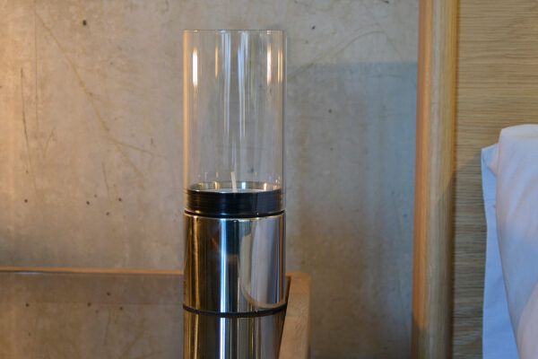 polished steel and glass lantern