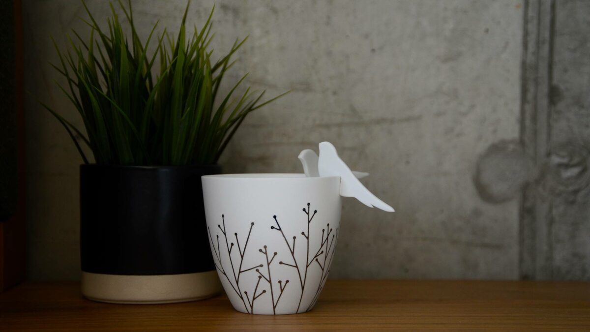 Porcelain Candle Holder with silver stems pattern and birds