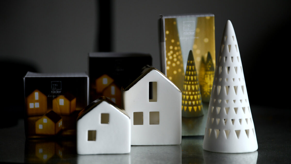 Scandi style light up christmas decorations mini houses and a tree