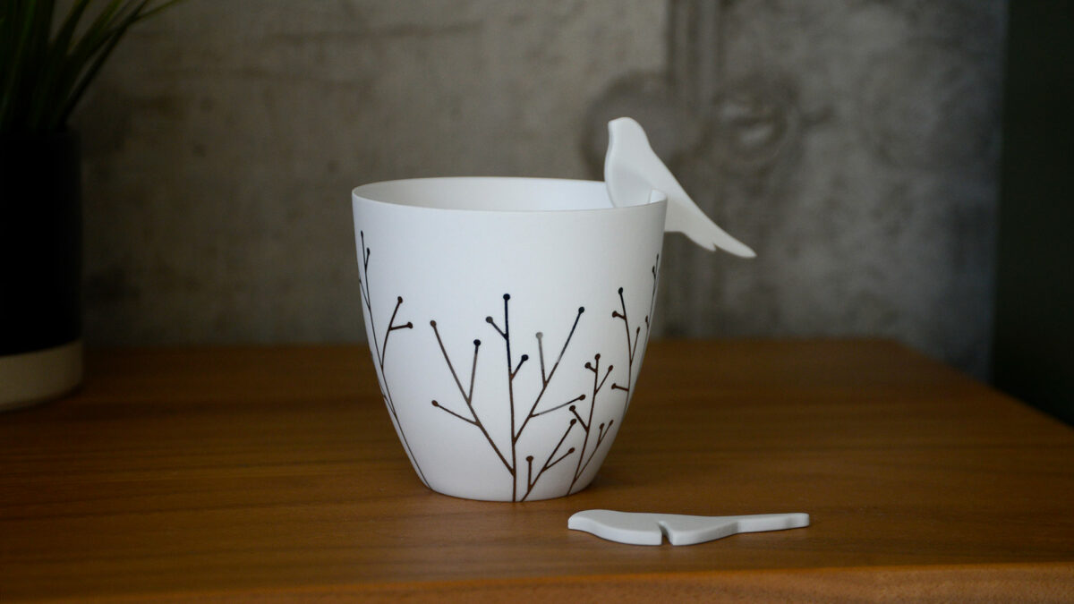 Porcelain T-light Holder with silver stems pattern and removable birds