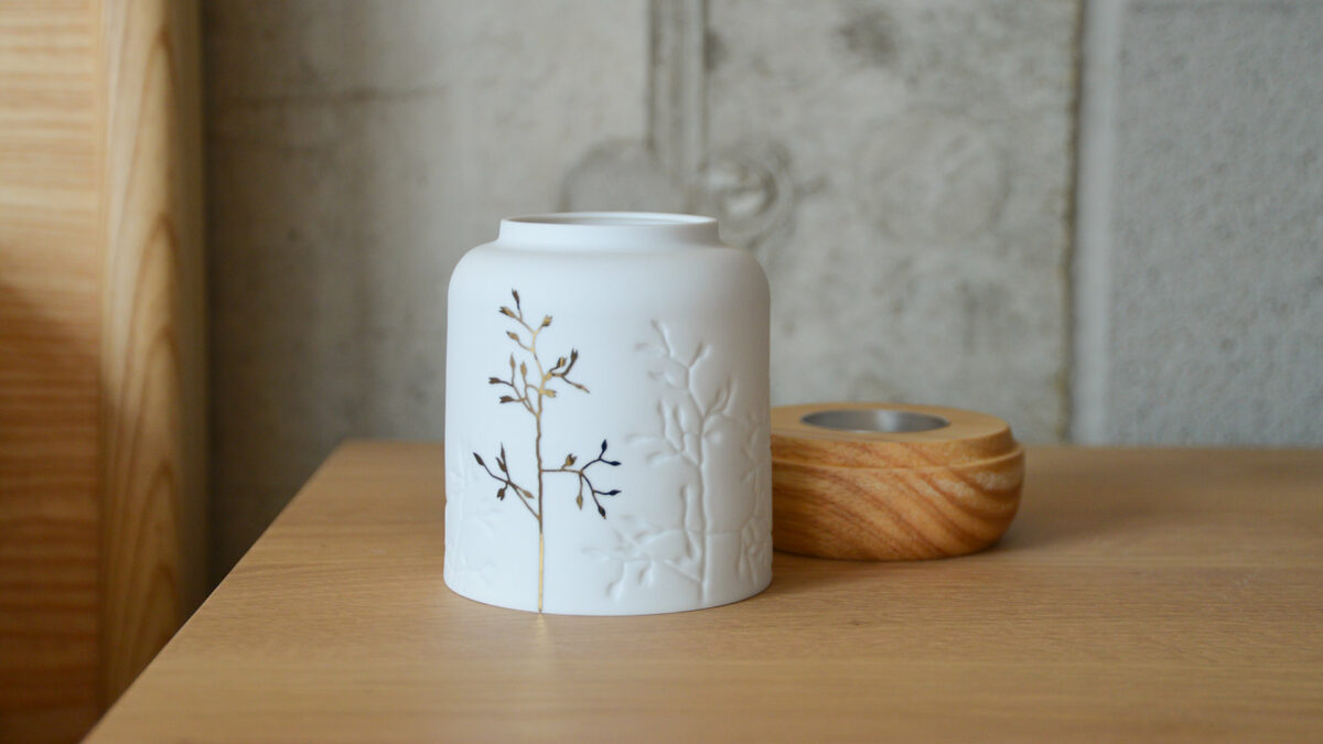 porcelain lantern with wooden base