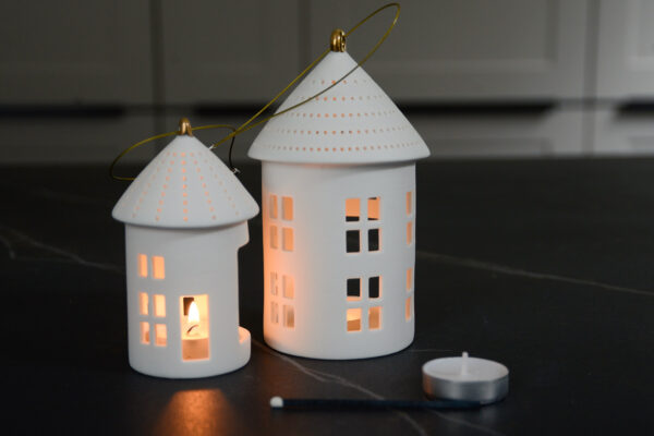 House shape hanging matt porcelain tea light lanterns