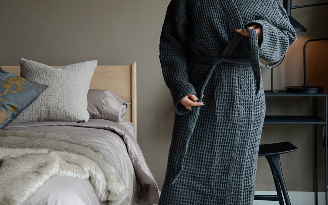 unisex waffle weave cotton robe in charcoal grey