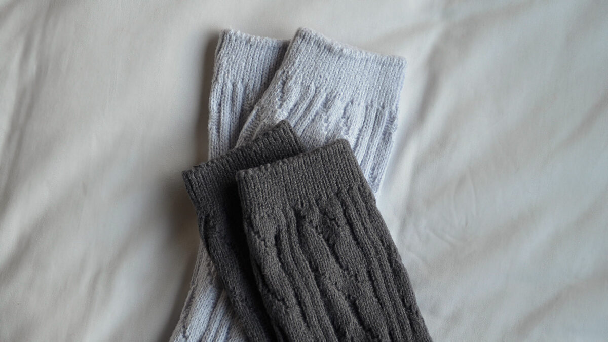 powder blue and charcoal cable knit sock top detail