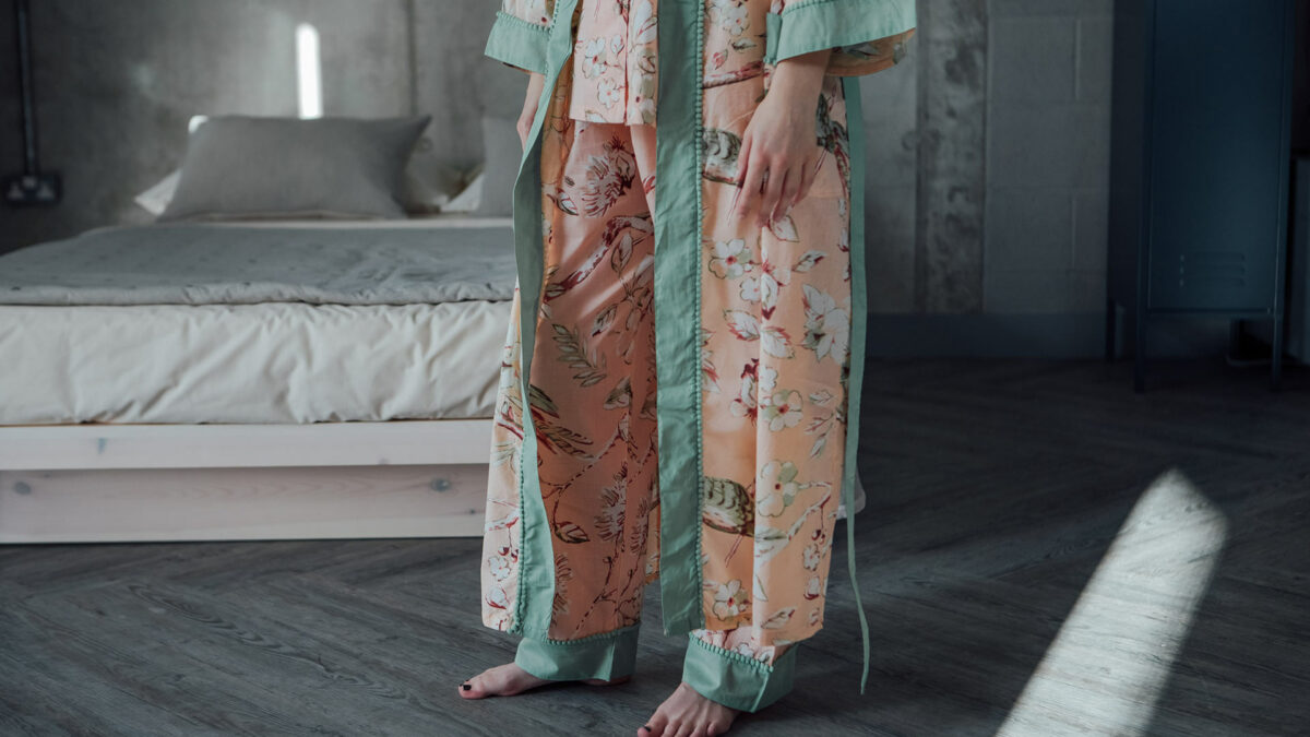 pastel colours floral cotton pyjama set with matching robe a view of the edging details