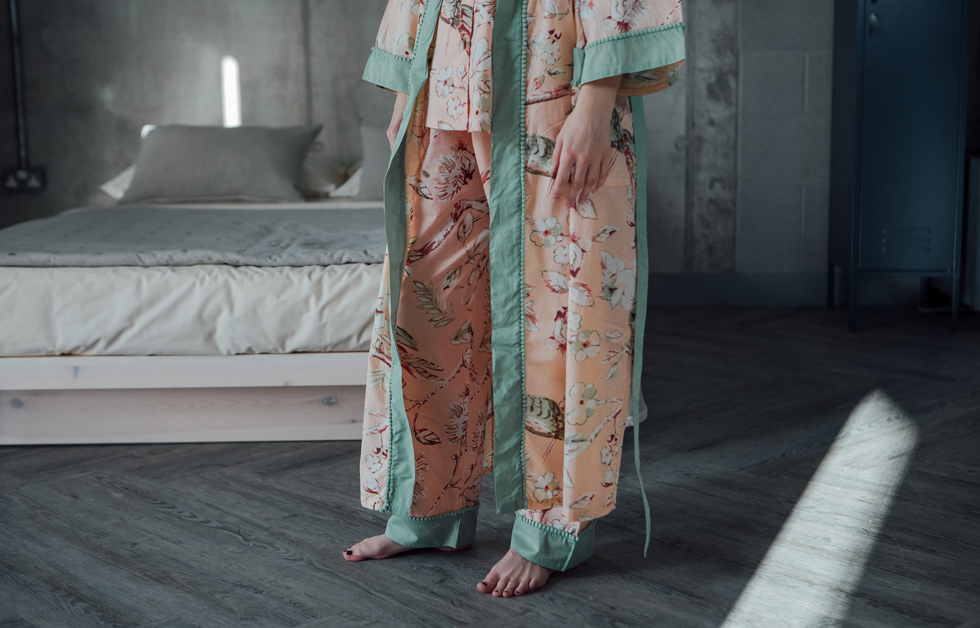 pastel colours floral cotton pyjama set with matching robe a view of the edging details