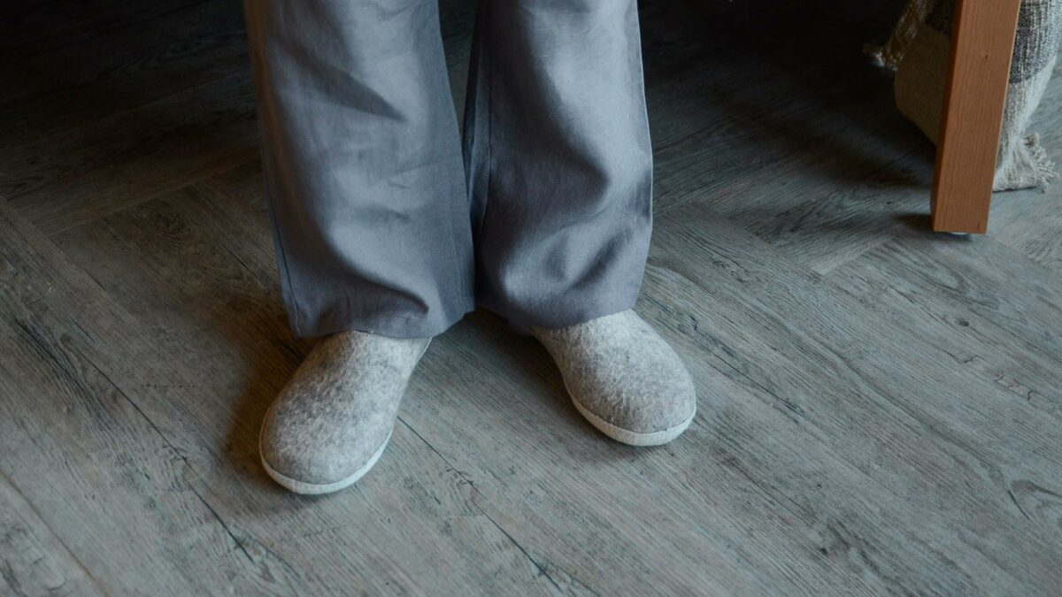 organic linen pyjamas in charcoal grey with glerups grey slippers
