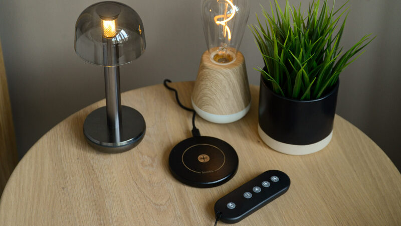 Humble Two lamp (Left) and Humble One lamp (Right) with remote control and wireless charging deck