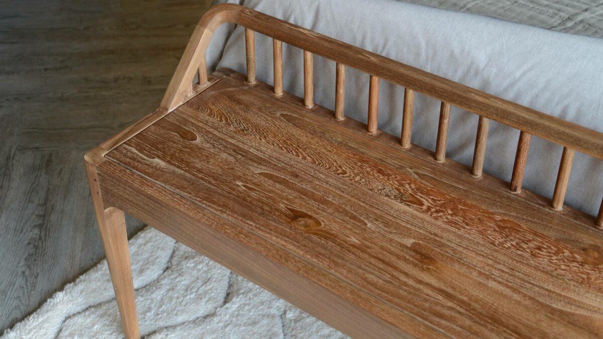 reclaimed teak spindle bench detail