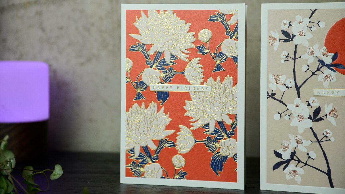 set of birthday cards with Japanese designs and gold detailing