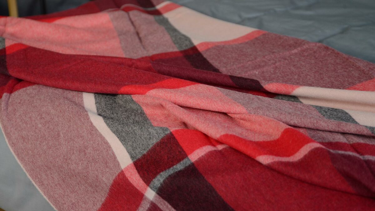 red blush and charcola check throw