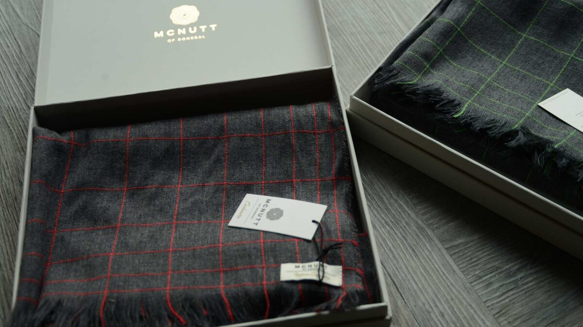 red or grey grid pattern scarves