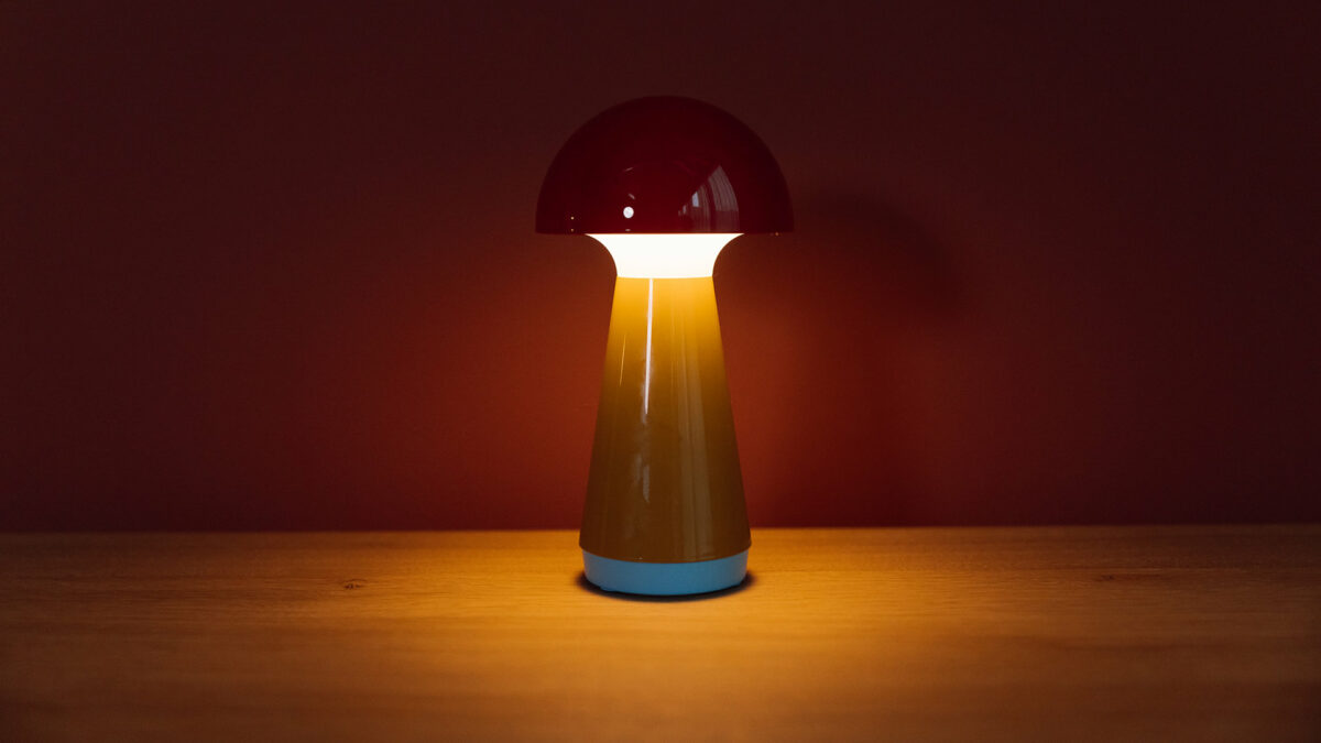 red tan and blue mini mushroom lamp